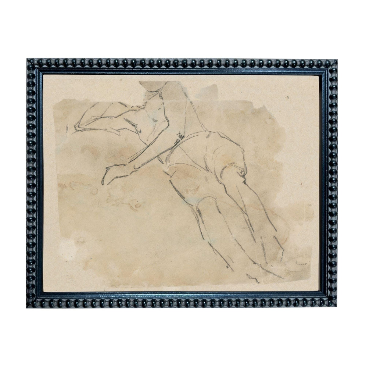 The image is a framed artwork depicting a sketch of a person's body in a reclining position.