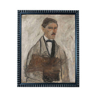 The image is a framed portrait of a man with a mustache, wearing a suit and tie.