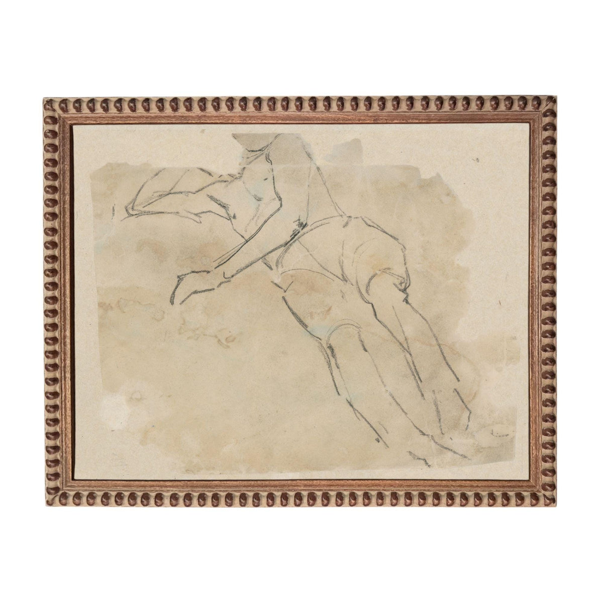 The image is a framed artwork depicting a sketch of a human figure, possibly a woman, in a dynamic pose.