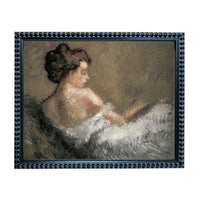 The image is a framed painting depicting a woman in a white dress, sitting in a contemplative pose.