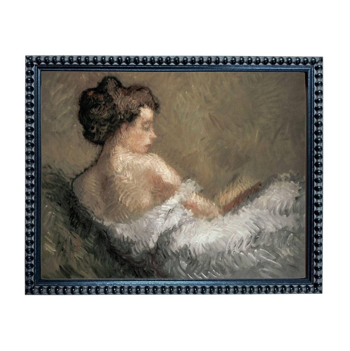 The image is a framed painting depicting a woman in a white dress, sitting in a contemplative pose.
