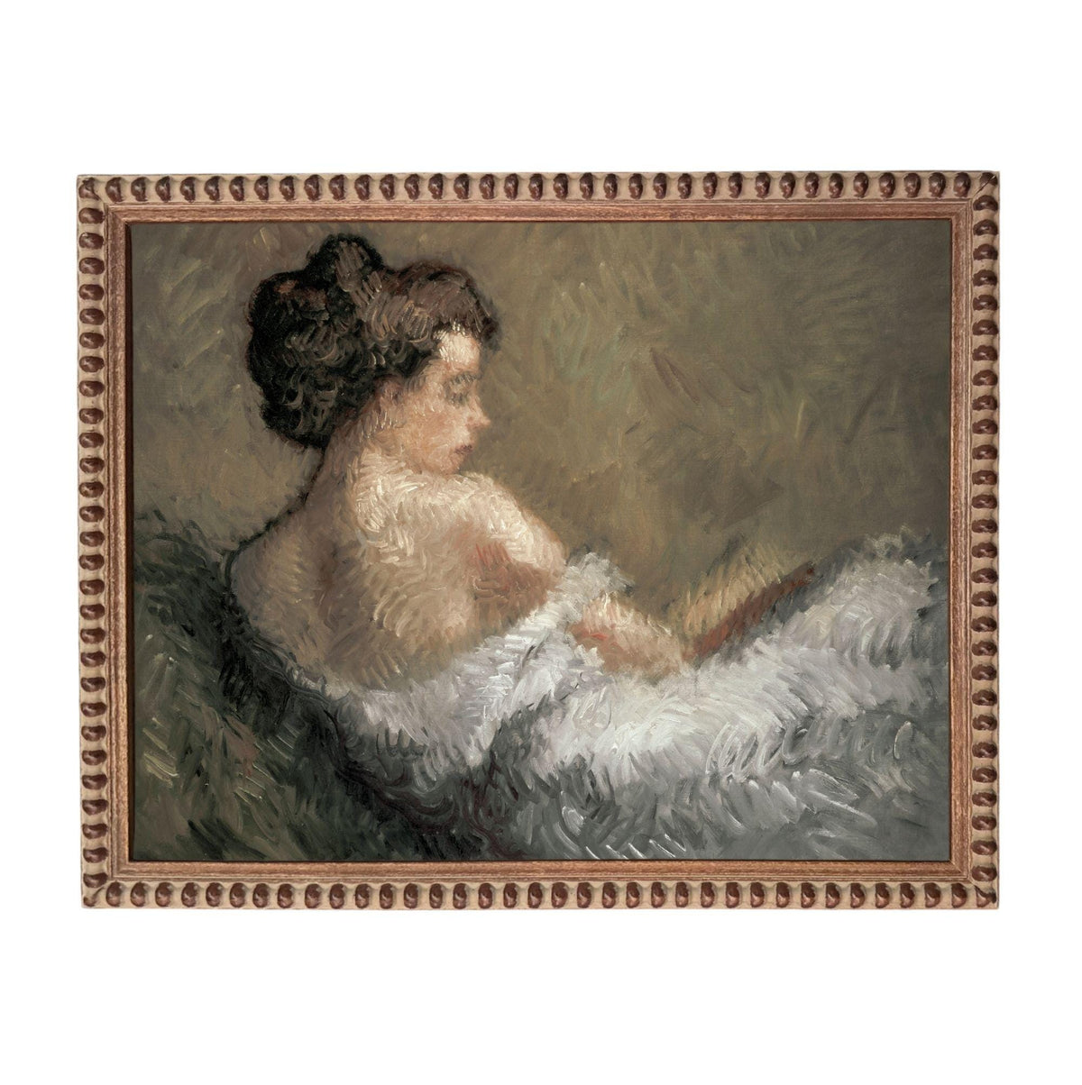 The image is a painting of a woman sitting in a chair, wearing a white dress.