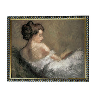 The image is a painting of a woman sitting in a chair, wearing a white dress.