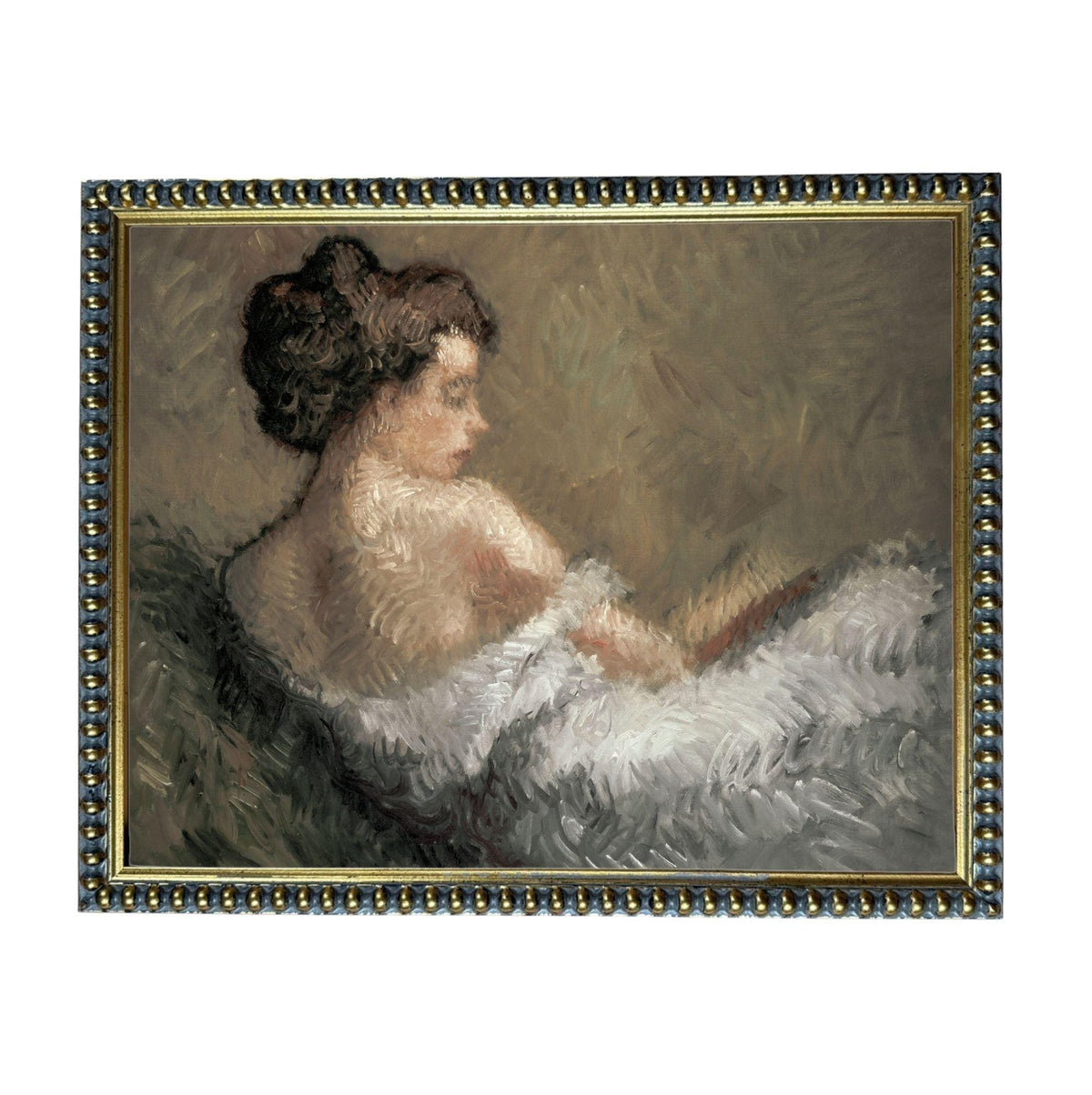 The image is a painting of a woman sitting in a chair, wearing a white dress.