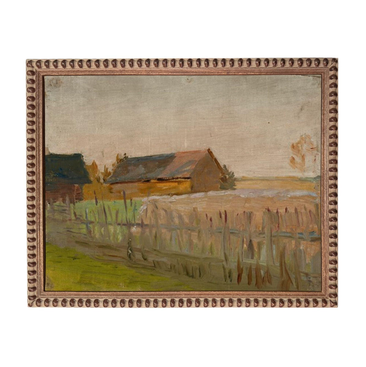 The image is an oil painting depicting a rural landscape with a farmhouse, a fence, and a field.