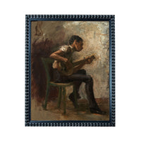The image is an oil painting depicting a man playing a musical instrument, possibly a guitar or banjo, while sitting on a chair.