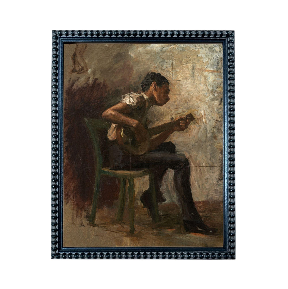The image is an oil painting depicting a man playing a musical instrument, possibly a guitar or banjo, while sitting on a chair.