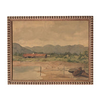 The image is a painting of a rural landscape with a farmhouse, mountains in the background, and a body of water in the foreground.