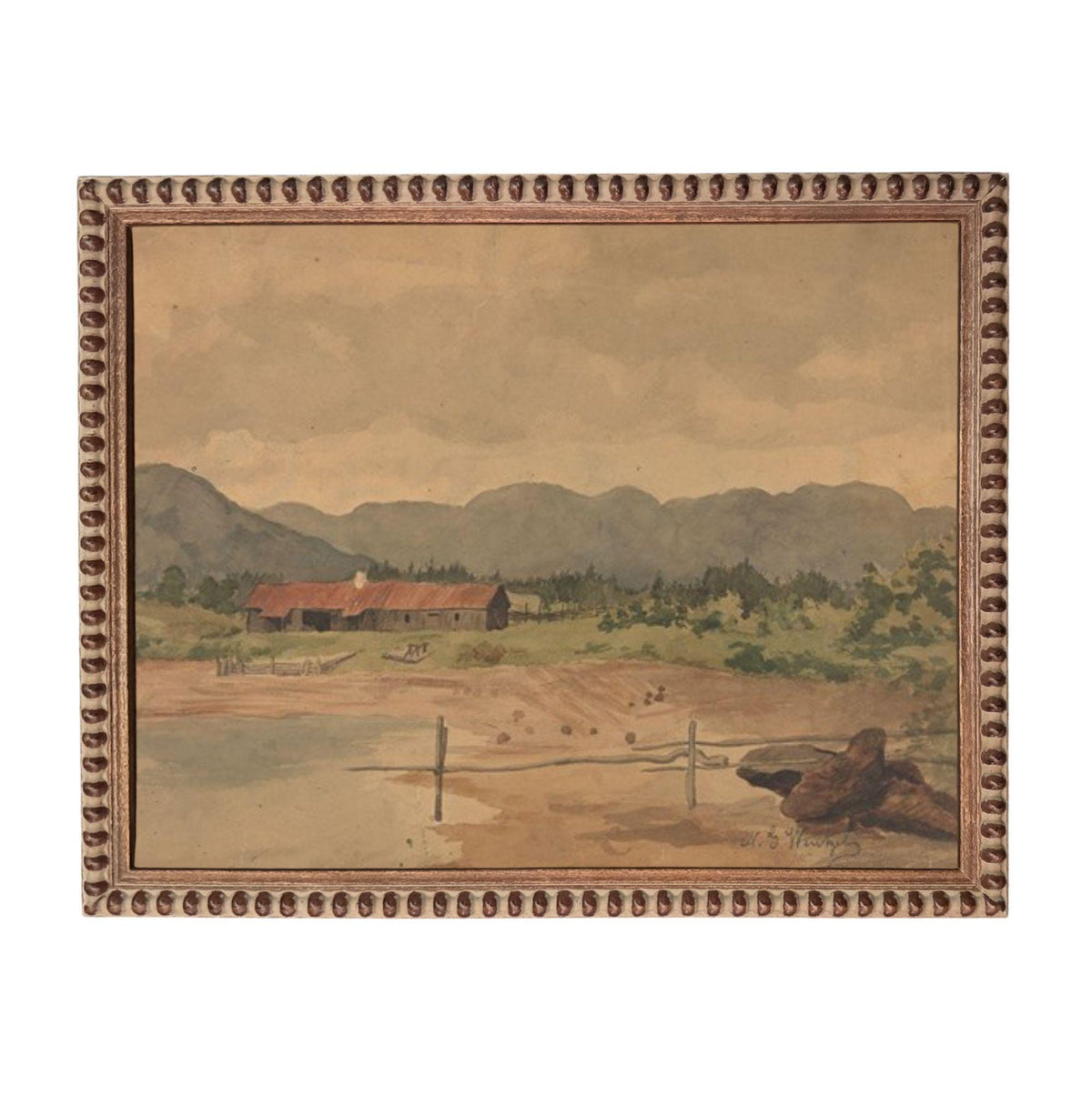 The image is a painting of a rural landscape with a farmhouse, mountains in the background, and a body of water in the foreground.