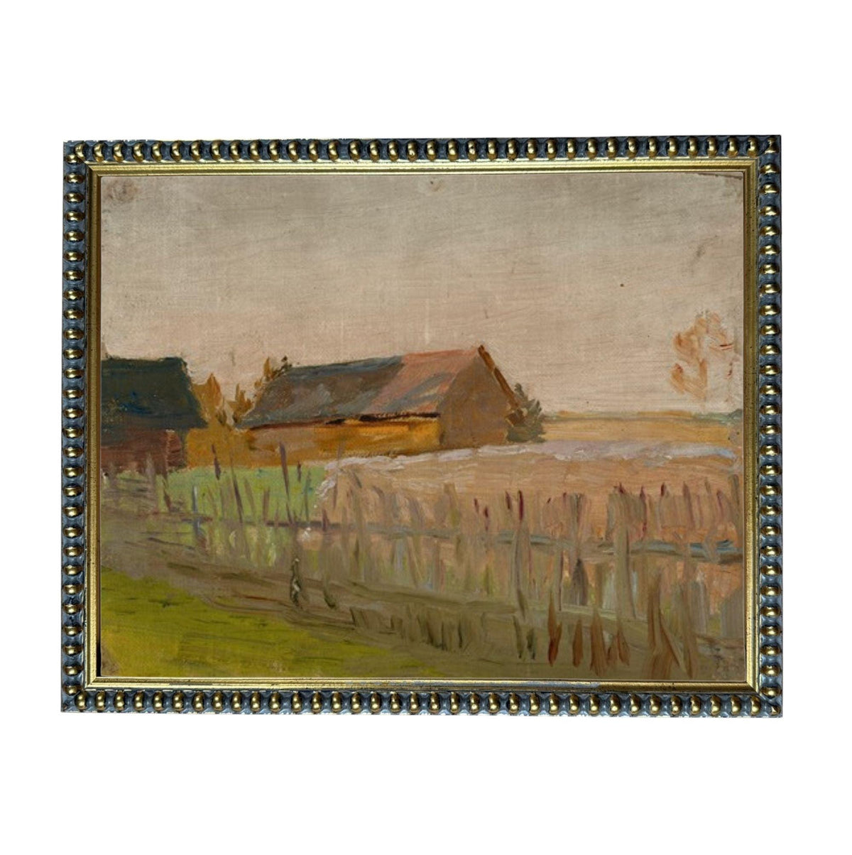 The image is an oil painting depicting a rural landscape with a farmhouse, a fence, and a field.