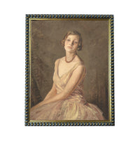 A portrait of a woman wearing a pink dress, with a pensive expression on her face.