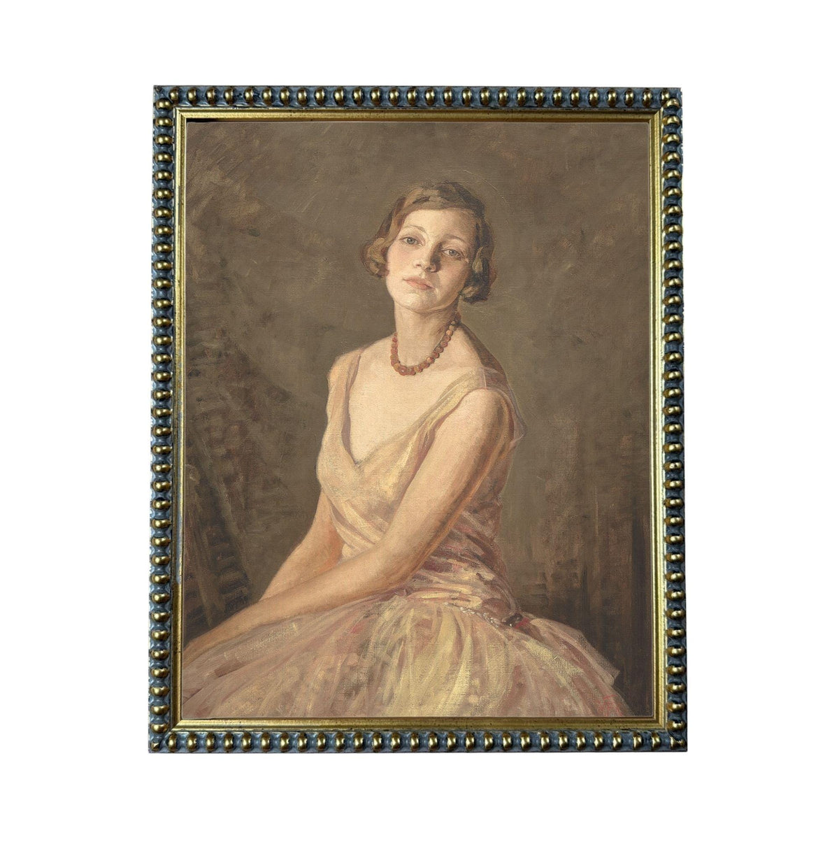 A portrait of a woman wearing a pink dress, with a pensive expression on her face.