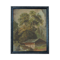 The image is a painting of a rural landscape with a large tree in the foreground and a small building in the background.