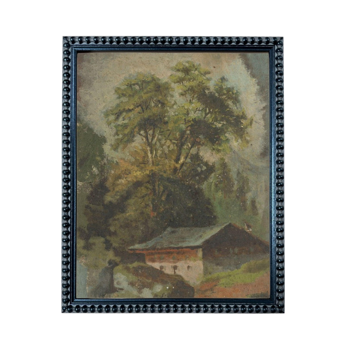 The image is a painting of a rural landscape with a large tree in the foreground and a small building in the background.