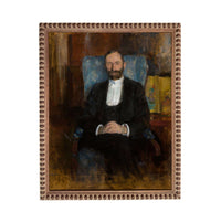 A portrait of a man wearing a suit and tie, sitting in a chair and looking directly at the viewer.