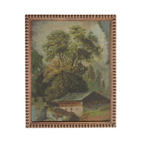 The image is a painting of a rural landscape with a large tree in the foreground and a small building in the background.