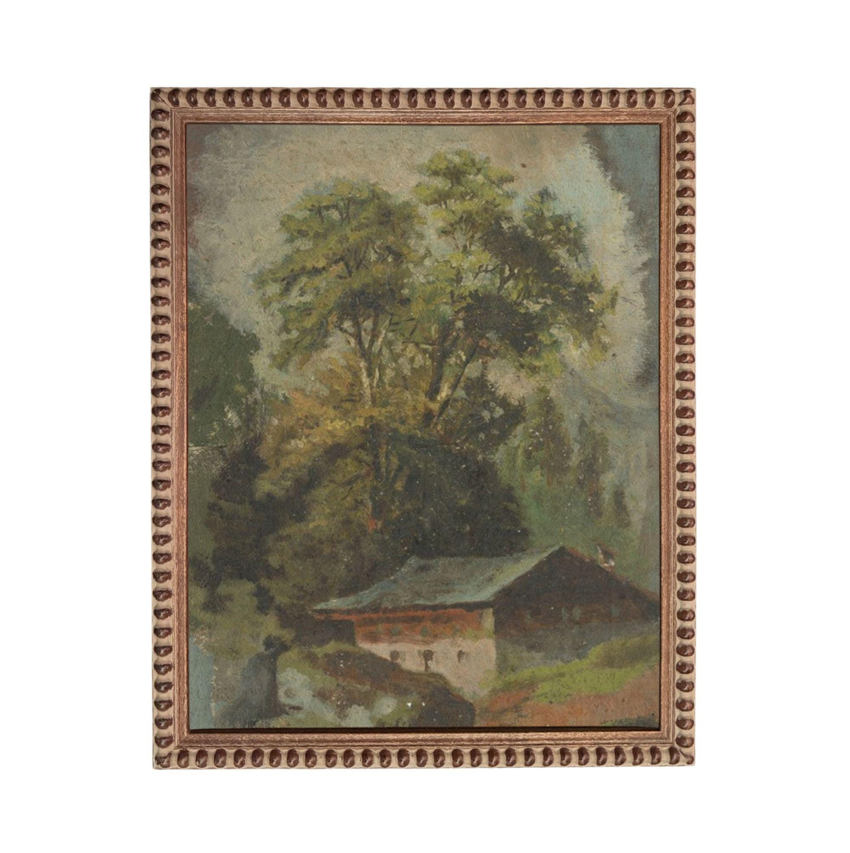 The image is a painting of a rural landscape with a large tree in the foreground and a small building in the background.