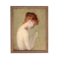 The image is a painting of a woman with red hair, depicted in a pensive or contemplative pose.