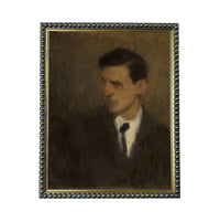 The image is a portrait of a man wearing a suit and tie, with a dark background.