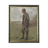 A painting of a man dressed in a suit and hat, holding a golf club, standing in a grassy field.