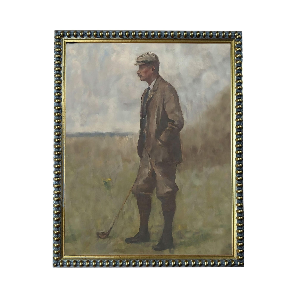 A painting of a man dressed in a suit and hat, holding a golf club, standing in a grassy field.