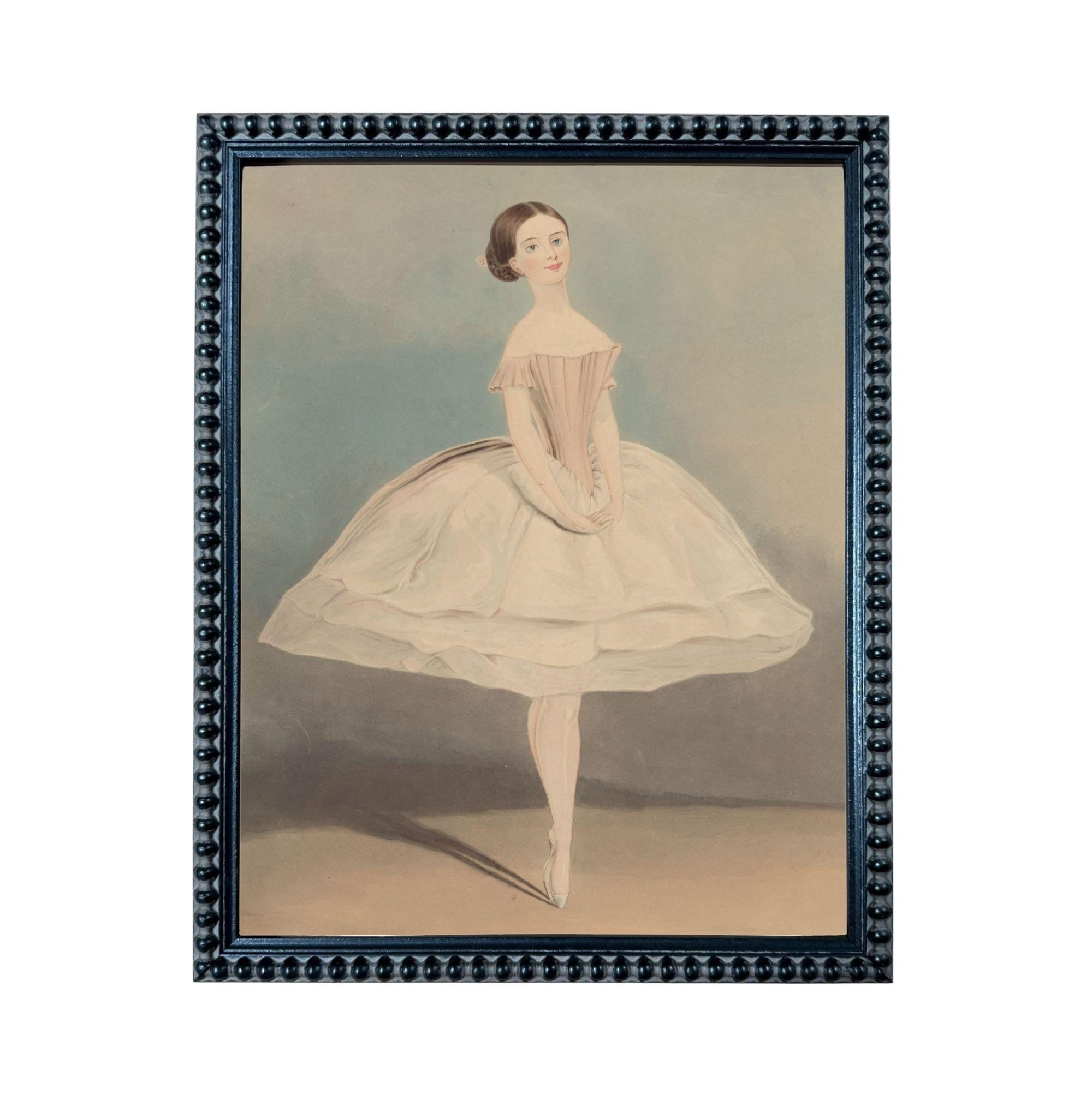A painting of a woman in a ballerina pose, wearing a white tutu and standing on one leg with her arms gracefully extended.