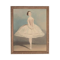 A painting of a woman in a white ballerina dress, standing on one leg with her arms gracefully extended.