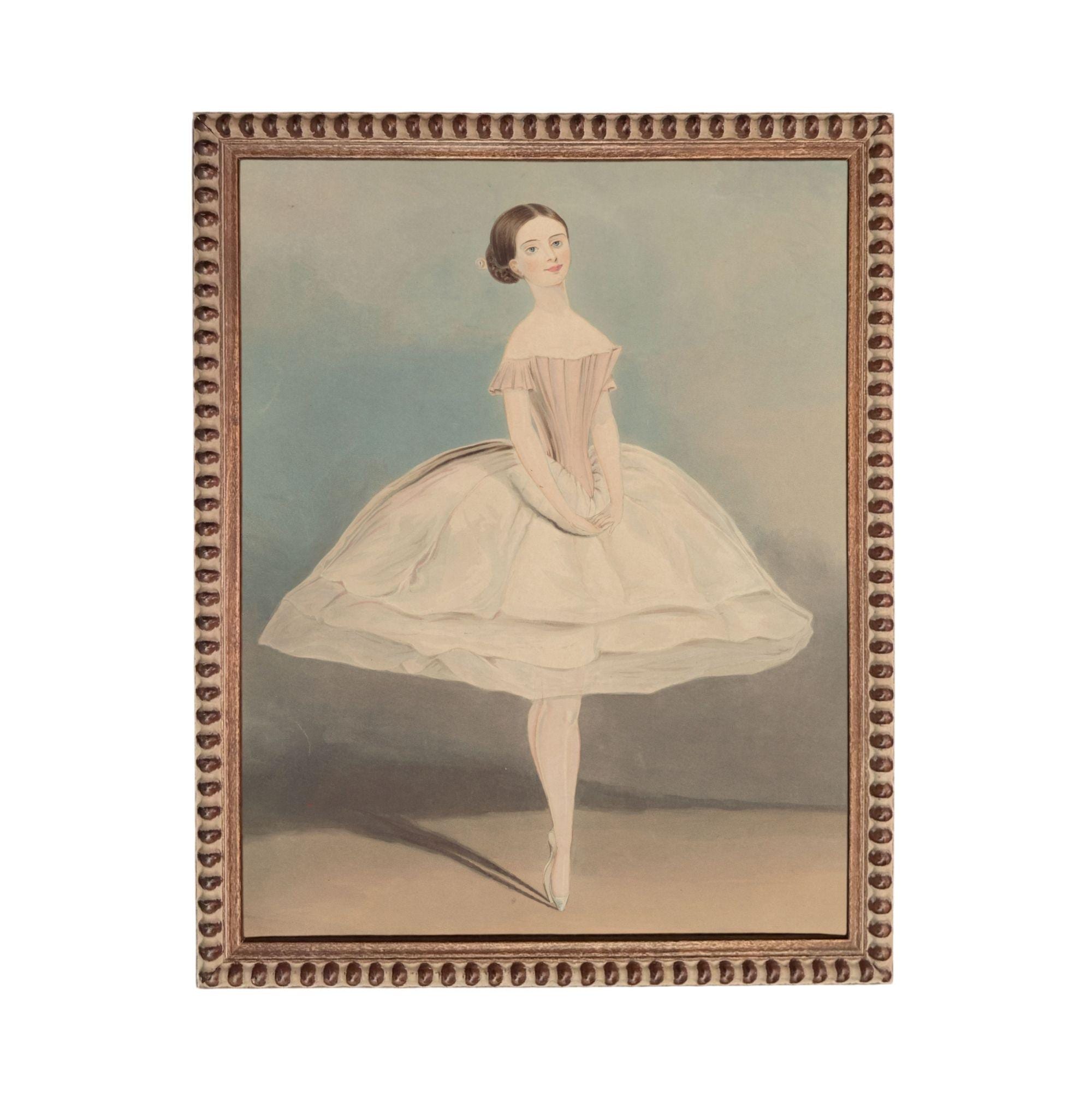 A painting of a woman in a white ballerina dress, standing on one leg with her arms gracefully extended.