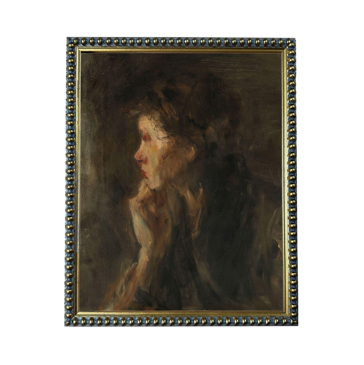 The image is a painting of a woman's profile, with a dark background and a contemplative expression.