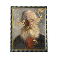 The image is a painting of an elderly man with a long white beard, wearing a red shirt. The painting is framed in a decorative metal frame.