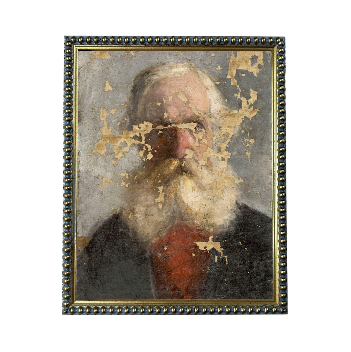 The image is a painting of an elderly man with a long white beard, wearing a red shirt. The painting is framed in a decorative metal frame.