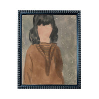 The image is a framed painting depicting a person wearing a brown sweater.