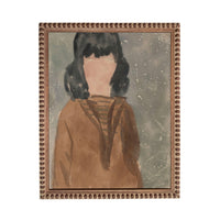 The image is a framed painting depicting a person with dark hair wearing a brown sweater.