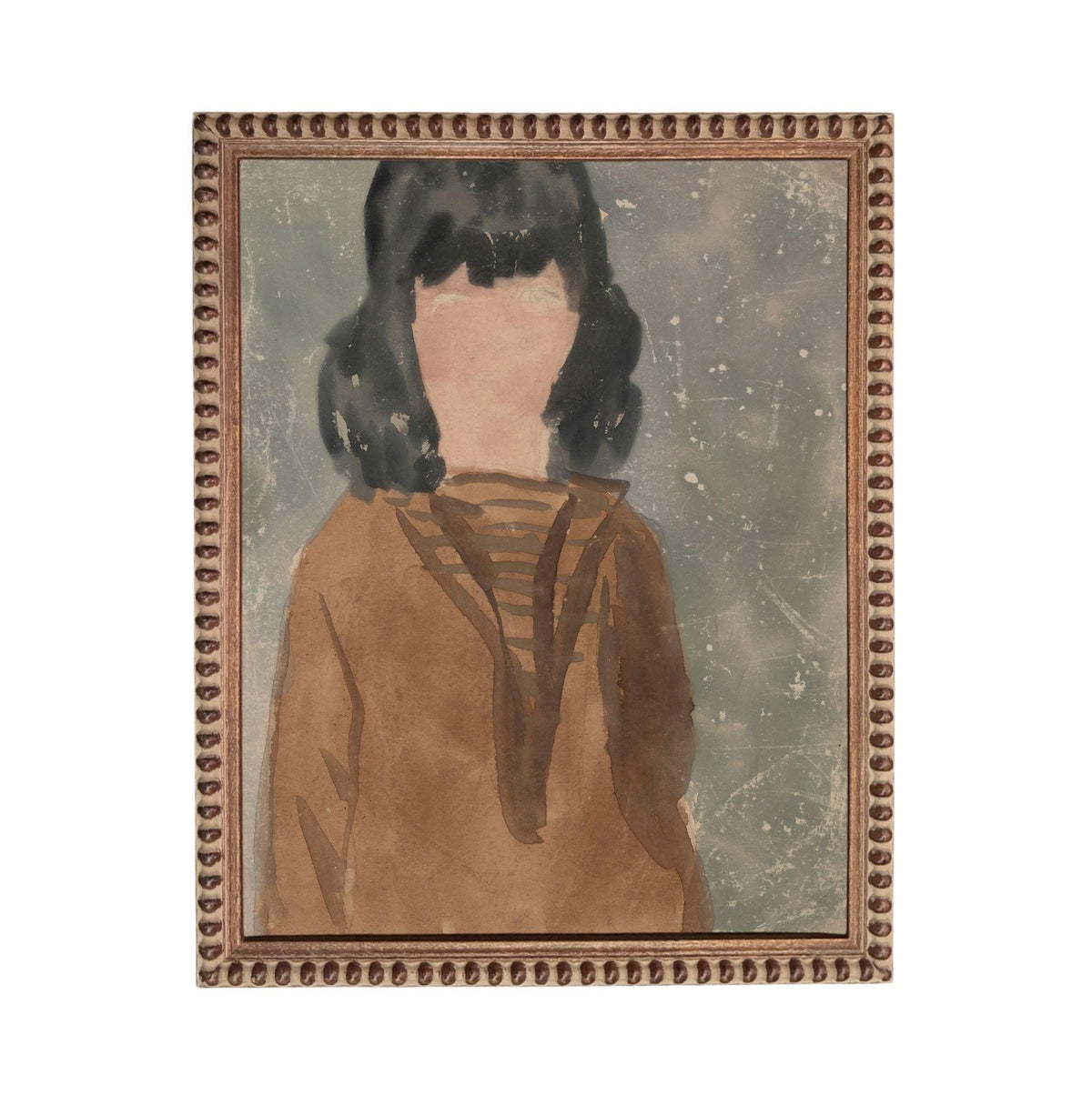 The image is a framed painting depicting a person with dark hair wearing a brown sweater.
