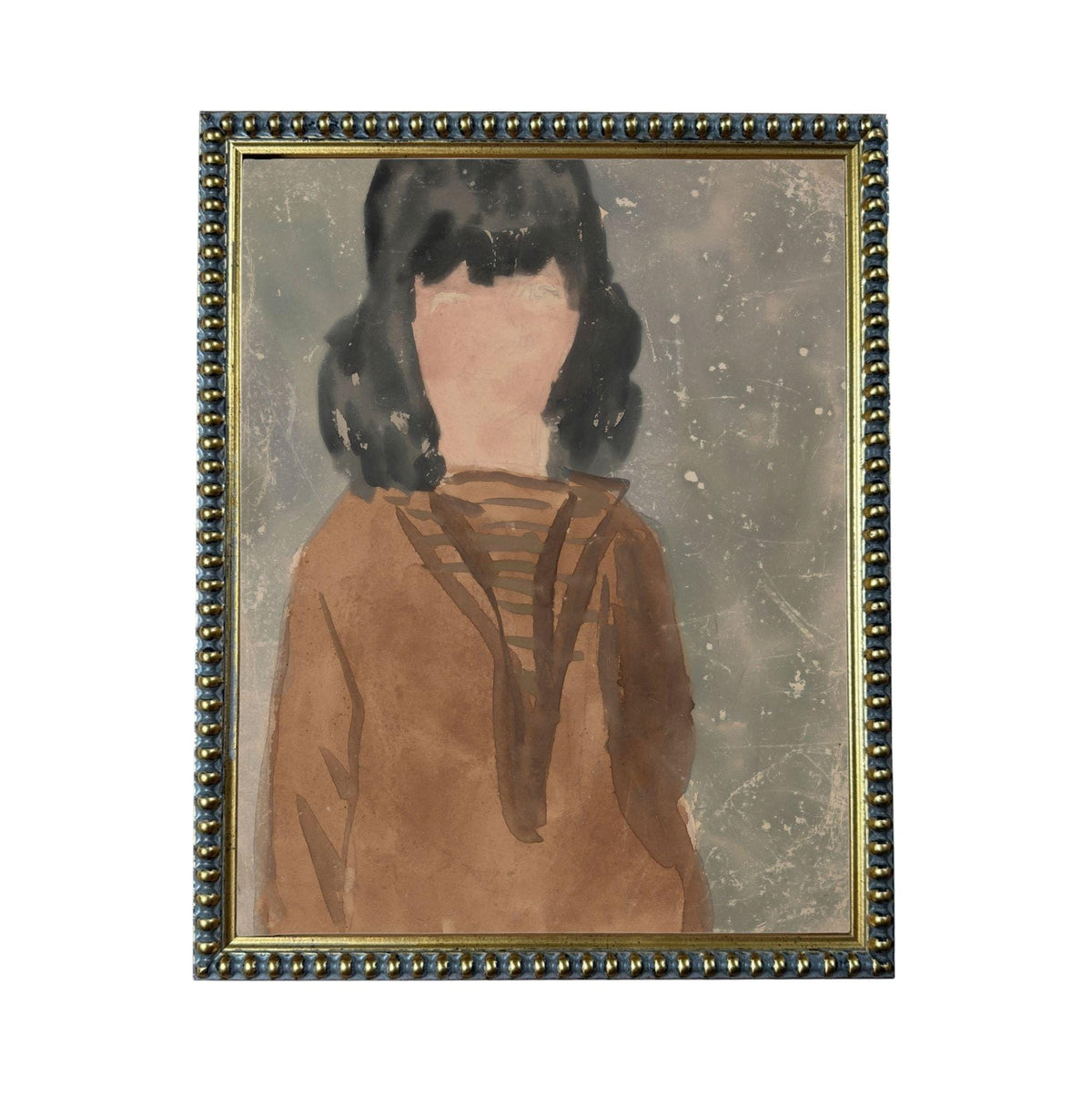 The image is a framed painting of a person with dark hair wearing a brown sweater.