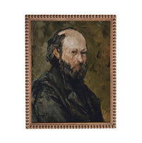 The image is a painting of a man with a beard, wearing a dark coat, and looking to the side.