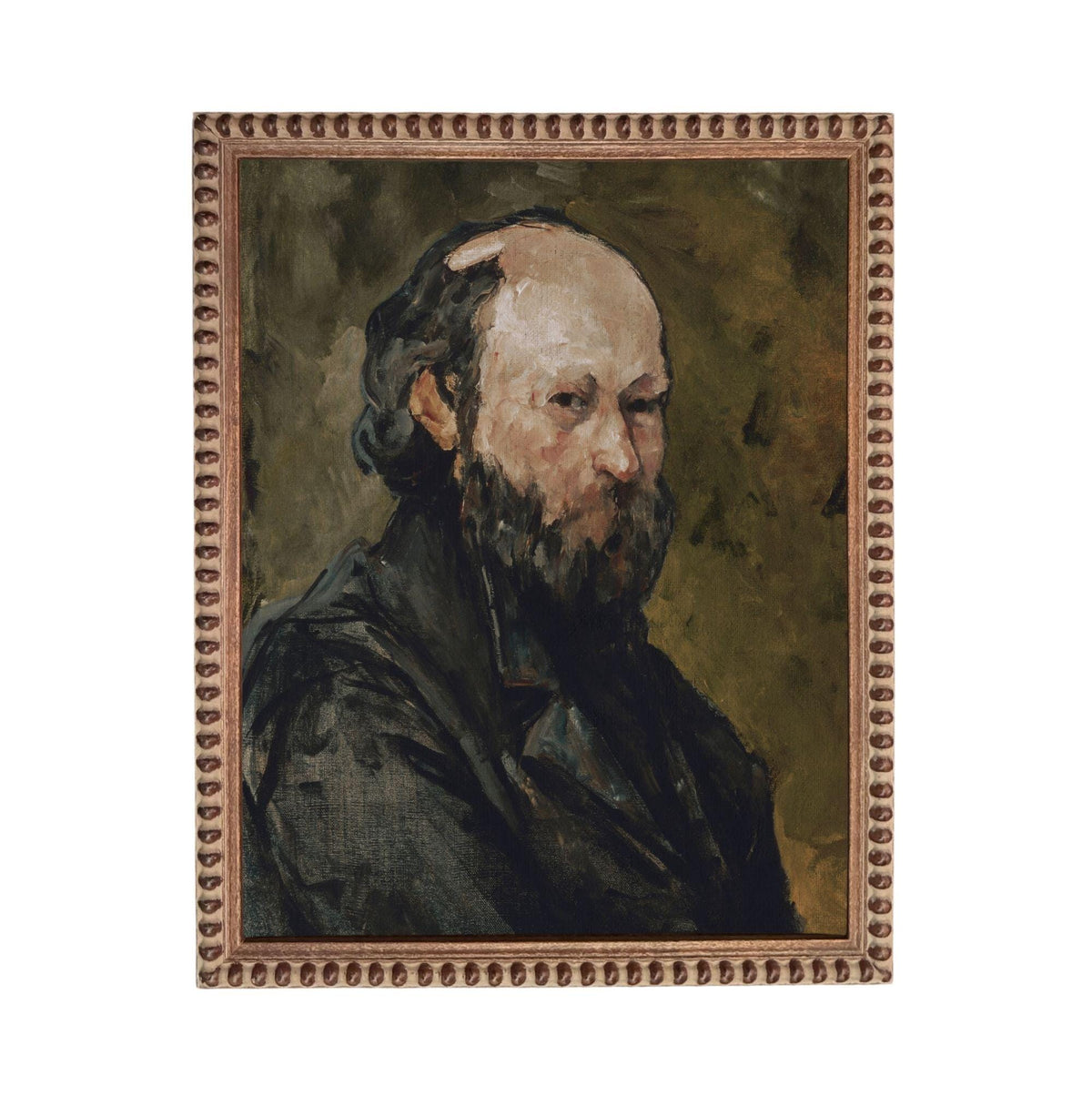 The image is a painting of a man with a beard, wearing a dark coat, and looking to the side.