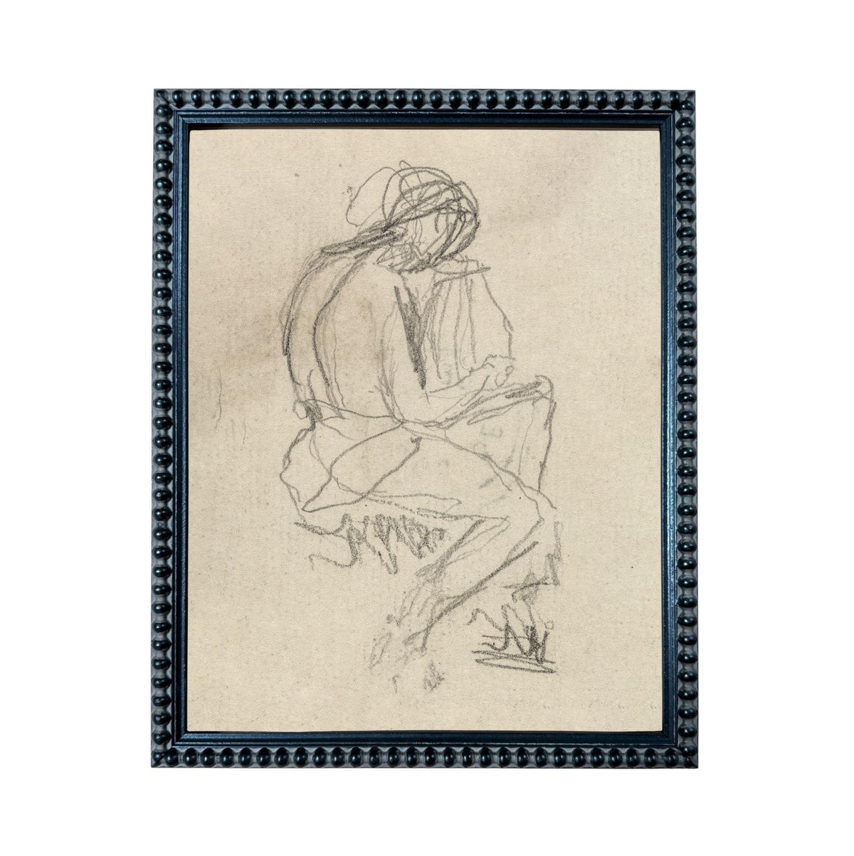 A framed sketch of a seated figure, drawn in a loose, sketchy style.