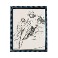 The image is a black and white sketch of two figures, one standing and one kneeling, with a simple and abstract style.