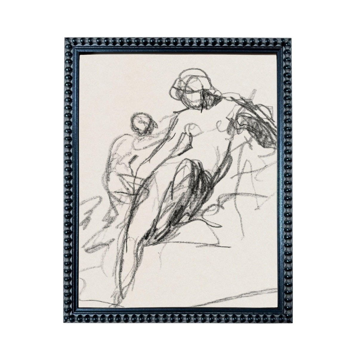 The image is a black and white sketch of two figures, one standing and one kneeling, with a simple and abstract style.