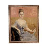 The image is a painting of a woman in a blue dress, sitting in a chair and holding a book.