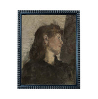 The image is a framed portrait of a woman with long hair, painted in an impressionist style.