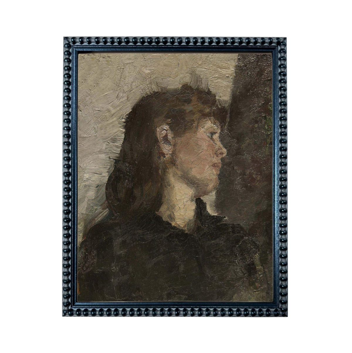 The image is a framed portrait of a woman with long hair, painted in an impressionist style.