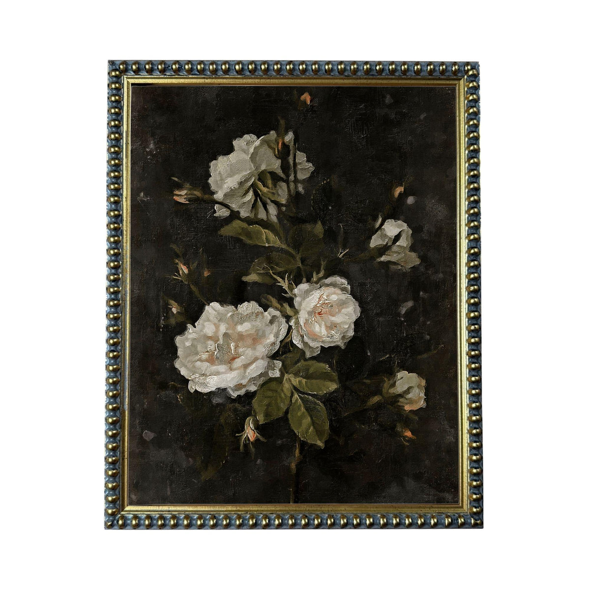 The image is a painting of white roses against a dark background.