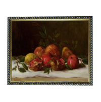 A still life painting of various fruits, including pomegranates, apples, and oranges, arranged on a white surface.