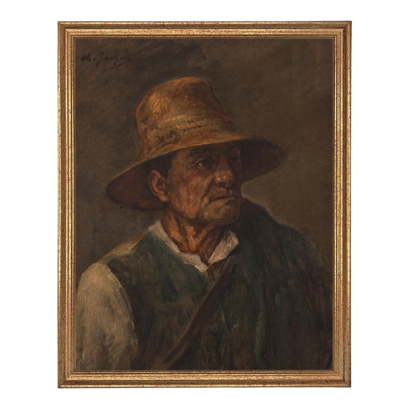 Framed Vintage Print of a Man with Pipe on Canvas #P-555