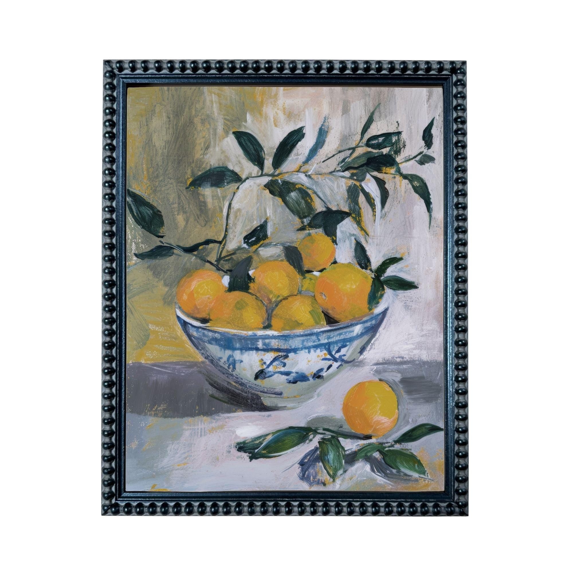 The image is a painting of a bowl filled with oranges, surrounded by green leaves.