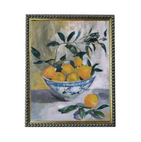 The image is a painting of a bowl filled with oranges, surrounded by green leaves.
