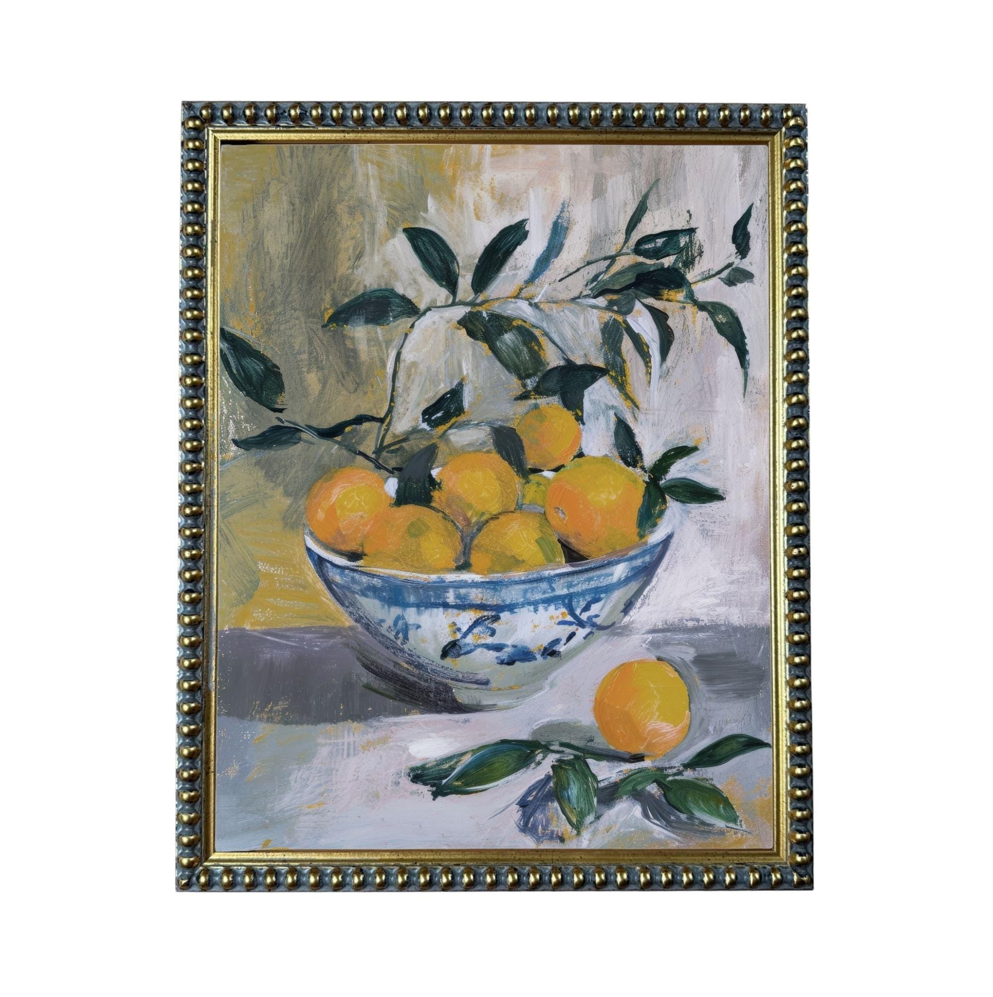 The image is a painting of a bowl filled with oranges, surrounded by green leaves.
