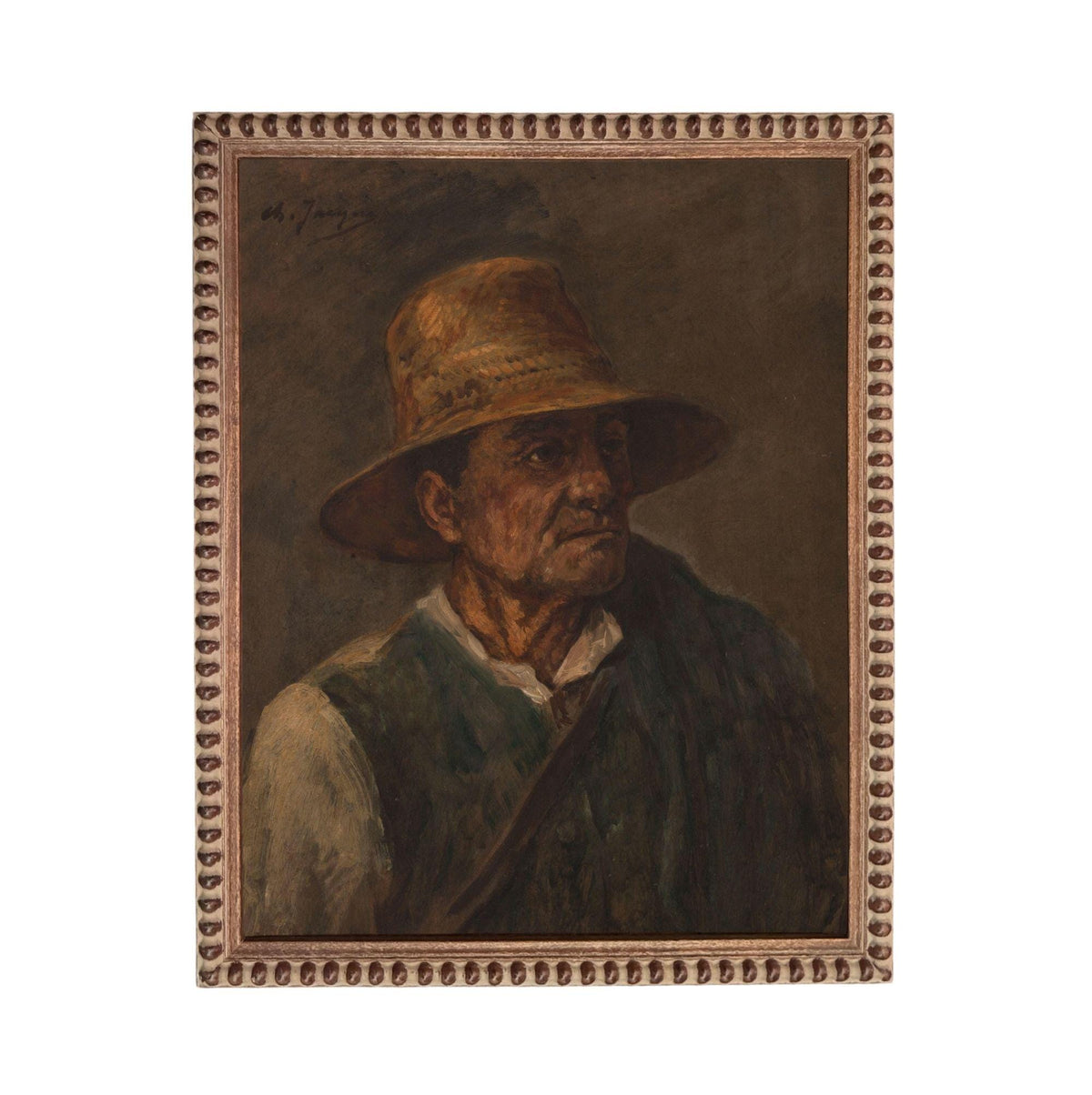 The image is a painting of a man wearing a hat, possibly a straw hat, and a green vest.